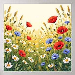 Wildflower Meadow Poppy Pattern Poster