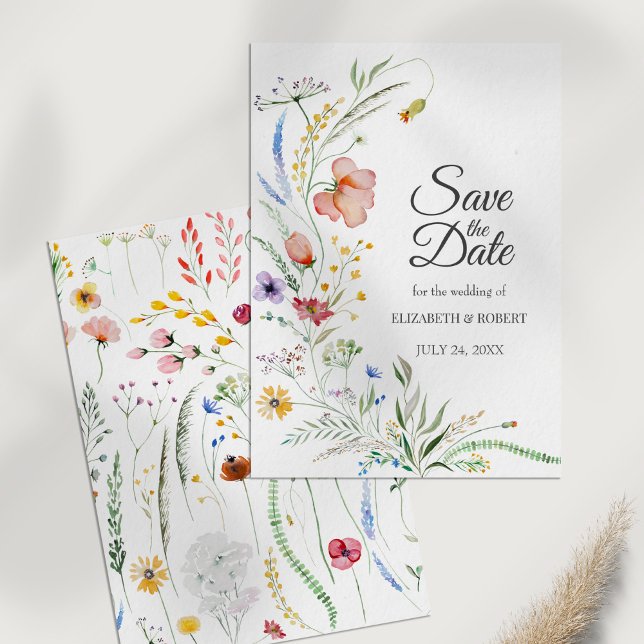 Wildflower Meadow Save the Date Card (Bohemian Watercolor Wildflowers Save The Date Card on a white table.)