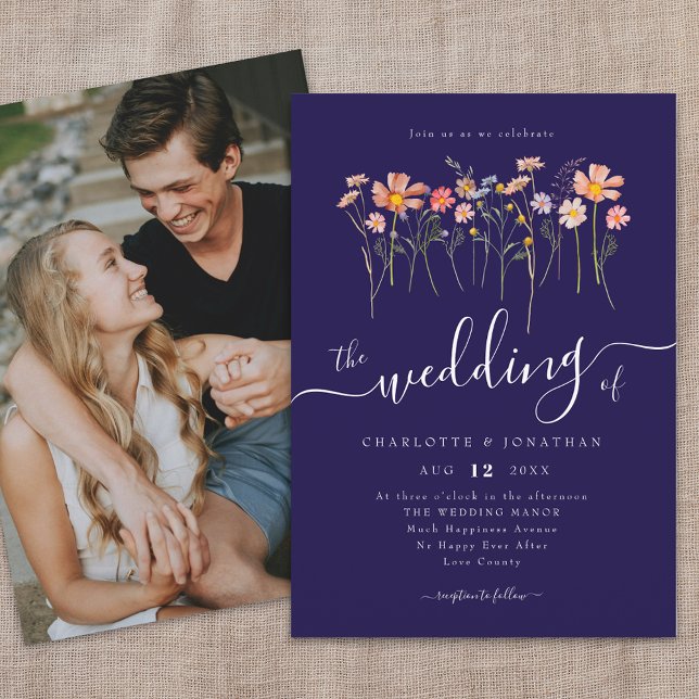 Wildflower Meadow Script Photo Navy Blue & White Invitation (Wildflower meadow fall florals photo navy blue and white wedding invitation whimsical Elegant script)