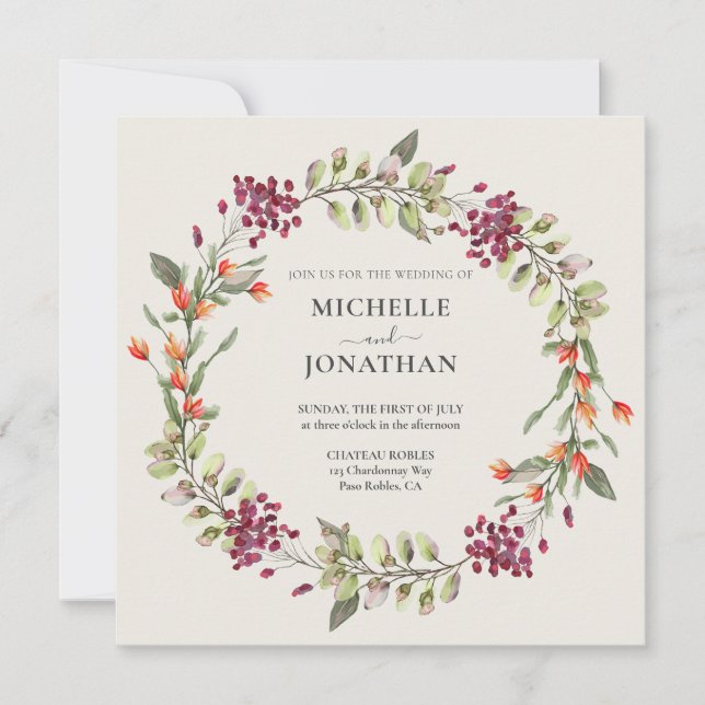 Wildflower Meadow Square Wedding Invitation - Ecru (Front)