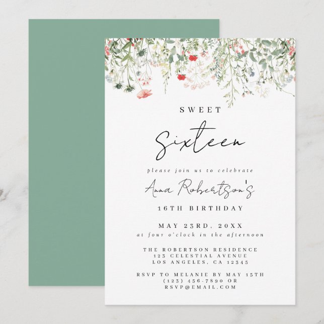 Wildflower Meadow Sweet 16 Birthday Invitation (Front/Back)