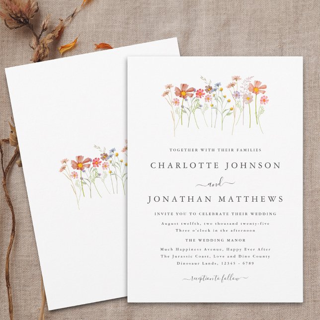 Wildflower Meadow Terracotta Orange Rust Wedding Invitation (Boho fall Wildflower floral Wedding invitation Watercolor flowers fall colors elegant modern design)