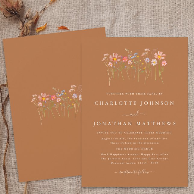 Wildflower Meadow Terracotta Orange Rust Wedding Invitation (Boho fall Wildflower floral brown sugar terracotta orange Wedding invitation Watercolor flowers)