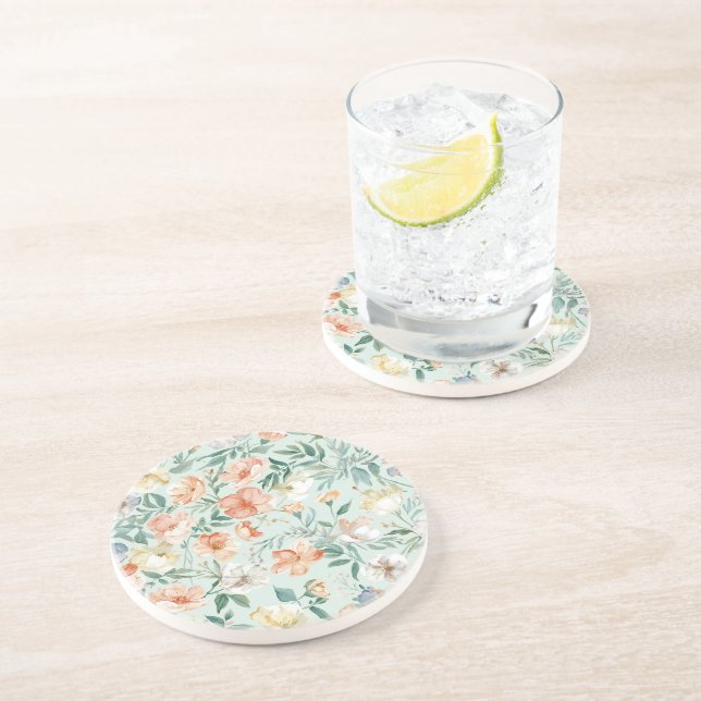 Wildflower Meadow Watercolor Blue Floral Pattern Coaster (Side)