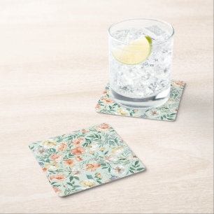 Wildflower Meadow Watercolor Blue Floral Pattern Square Paper Coaster
