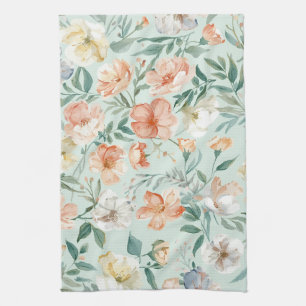 Wildflower Meadow Watercolor Blue Floral Pattern Tea Towel