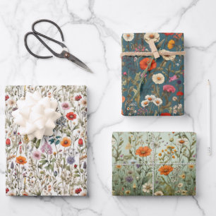Wildflower meadow white, green, blue background wrapping paper sheet