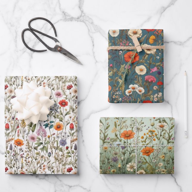 Wildflower meadow white, green, blue background wrapping paper sheet (Front)