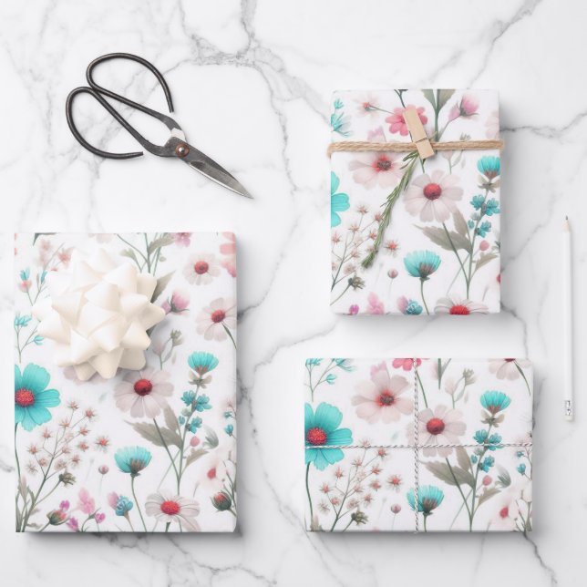 Wildflower meadow white, green, blue, brown, turq  wrapping paper sheet (Front)