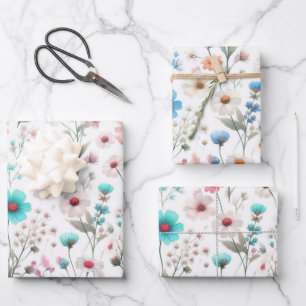 Wildflower meadow white, green, blue  wrapping paper sheet