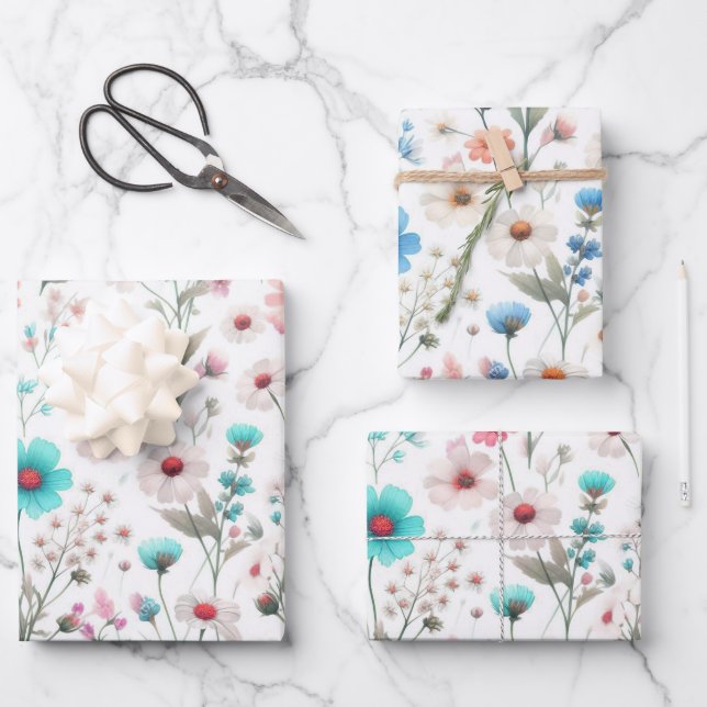 Wildflower meadow white, green, blue  wrapping paper sheet (Front)