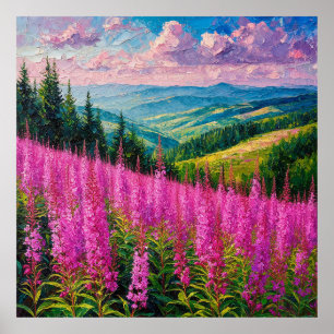 Wildflower Meadow with Mountain Landscape Poster