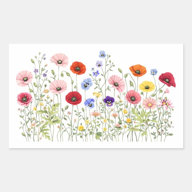 Wildflower Meadow with natural watercolor blooms Rectangular Sticker (Front)
