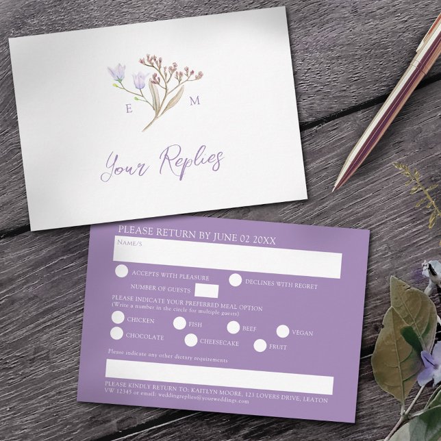 Wildflower meal option purple boho fall wedding RSVP card (Creator Uploaded)