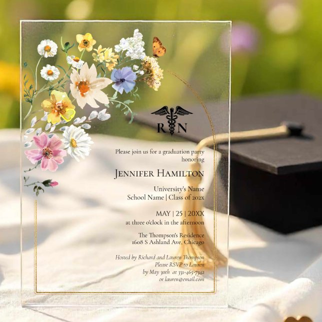 Wildflower Medical Nursing School Grad Party Photo Acrylic Invitations (Creator Uploaded)