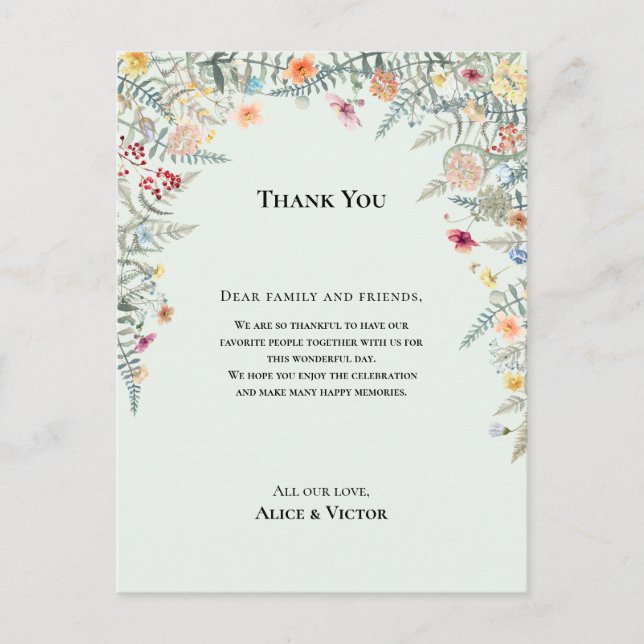 Wildflower Mint Green Reception Thank You Card (Front)