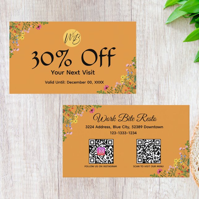  Wildflower Modern Restaurant Qr Code Menu and  Discount Card (Creator Uploaded)