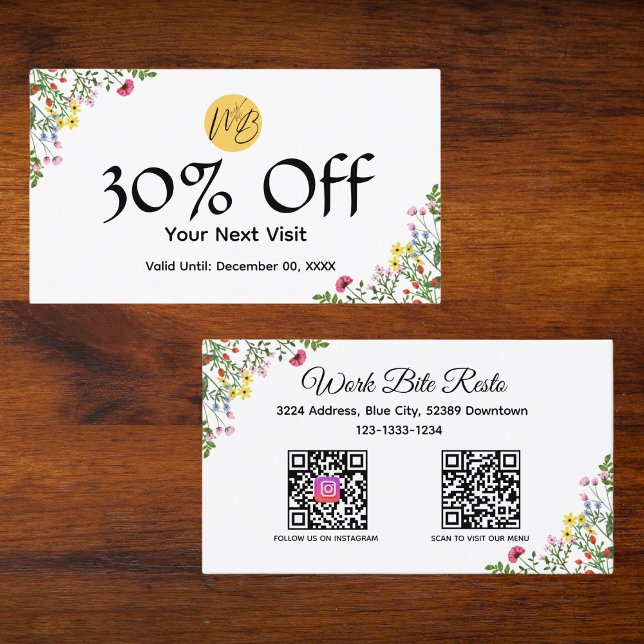 Wildflower Modern Restaurant Qr Code Menu and  Discount Card (Creator Uploaded)