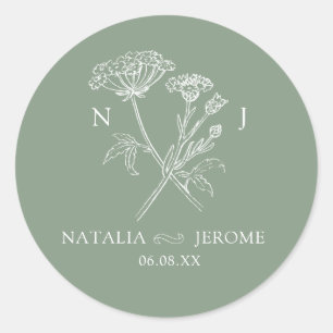 Wildflower monogram green name and wedding date classic round sticker