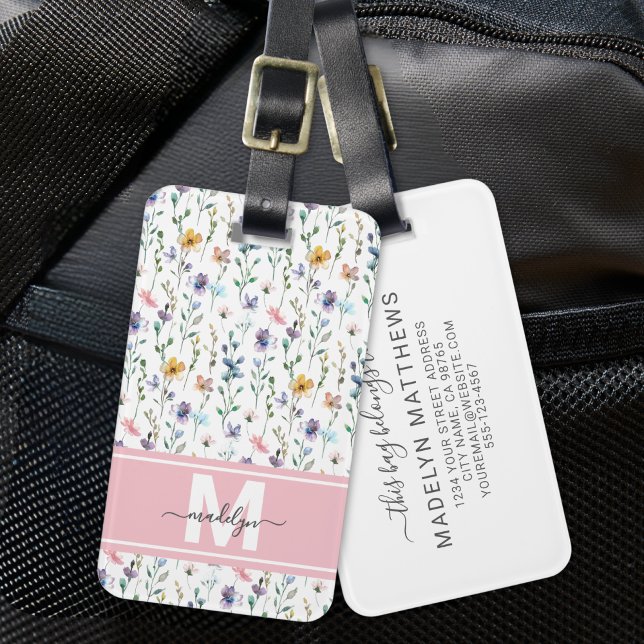 Wildflower Monogram Luggage Tag (Elegant Watercolor Wildflower Monogram Luggage Tag)