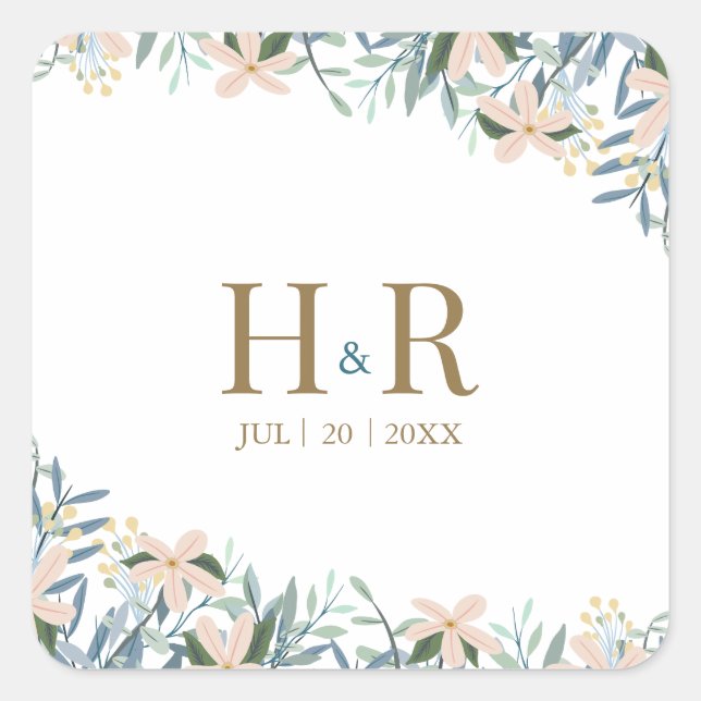 Wildflower Monogram Wedding Date Square Sticker (Front)
