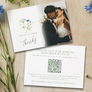 Wildflower monogram wedding photo QR Code Thank You Card