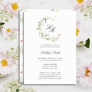 Wildflower Monogram Wreath Modern Bridal Luncheon Invitation