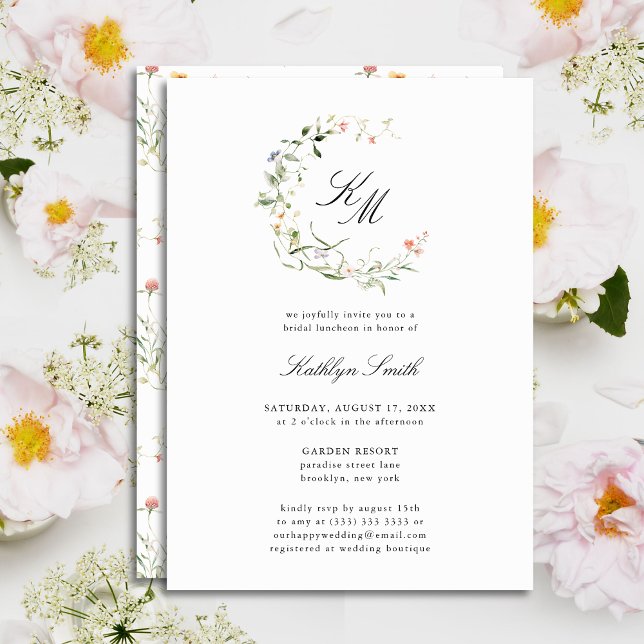 Wildflower Monogram Wreath Modern Bridal Luncheon Invitation (Creator Uploaded)