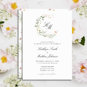 Wildflower Monogram Wreath Modern Garden Wedding Invitation