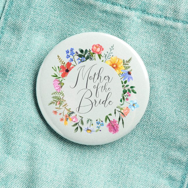 Wildflower Mother of the Bride Script Wedding  3 Cm Round Badge (Mother of the Bride Wildflower Watercolor Floral Wreath Wedding Button
)