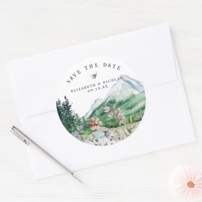 Wildflower Mountain | Wedding Save the Date Classic Round Sticker (Envelope)