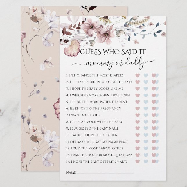 Wildflower Mum or Dad Said It Baby Shower Game (Front/Back)