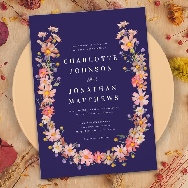 Wildflower Navy Blue Fall Wedding Invitation (Elegant Wildflower navy blue fall wedding invitation )