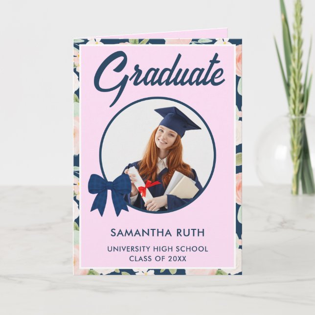 Wildflower Navy Blue Gingham Bow Photo Graduation  Card (Front)