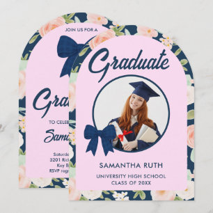 Wildflower Navy Blue Gingham Bow Photo Graduation Invitation