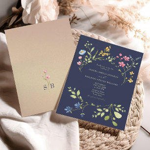 Wildflower Navy Blue Wedding Invitation