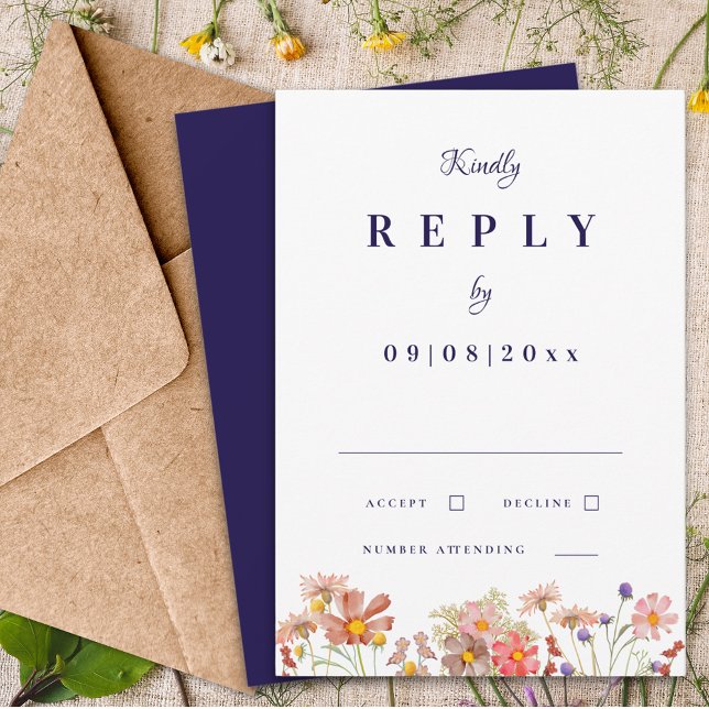 Wildflower Navy Burnt Orange Fall Wedding Reply RSVP Card (Elegant Wildflower navy blue terracotta burnt orange fall wedding invitation reply enclosure card)