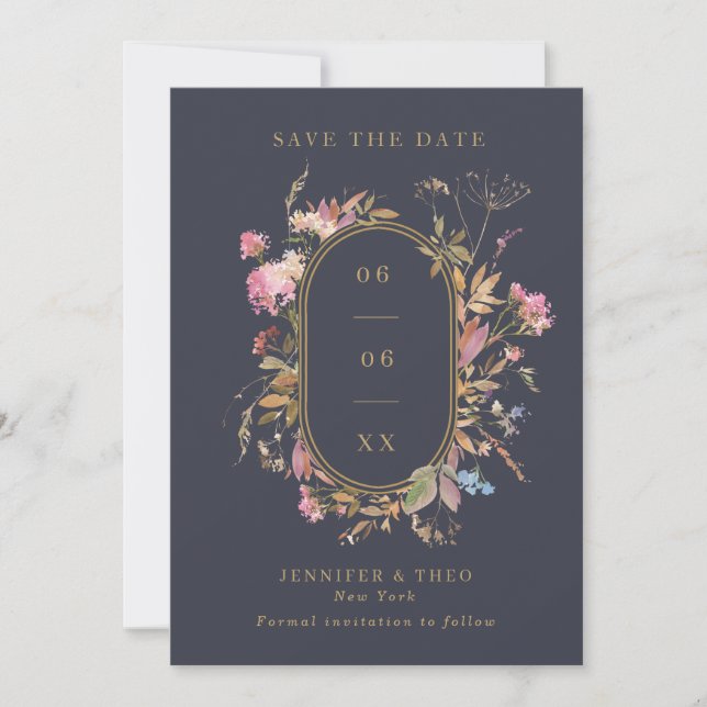 Wildflower Navy & Gold Frame Wedding Photo Save The Date (Front)
