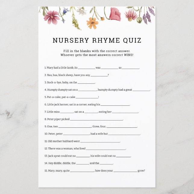 Wildflower Nursery Rhymes Quiz Baby Shower Game (Front)