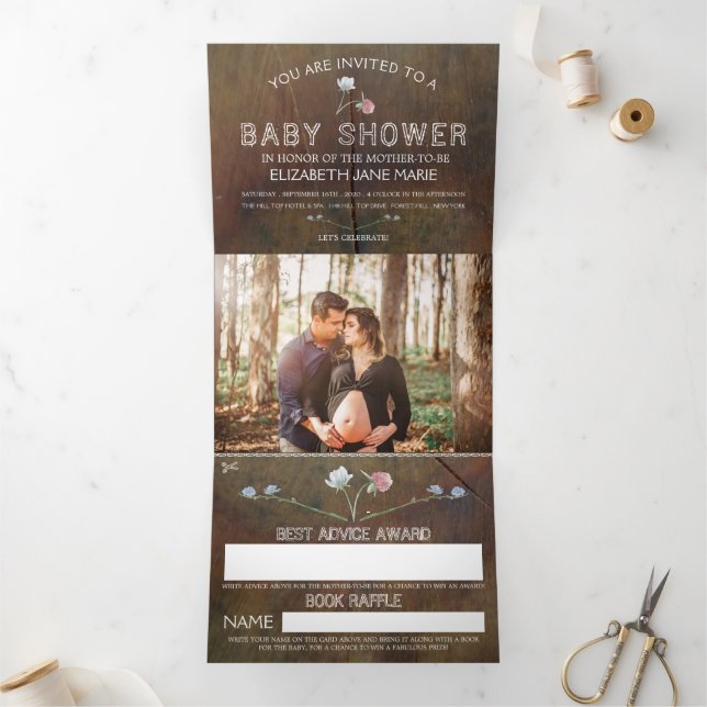 Wildflower Oak Wood, Baby Shower Suite Tri-Fold Invitation (Inside)