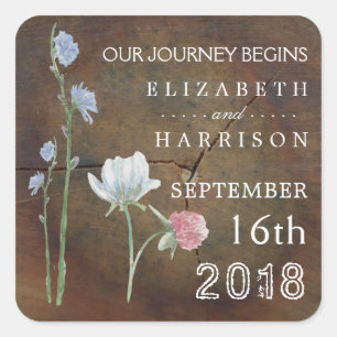 Wildflower Oak Wood Wedding Favor Square Sticker