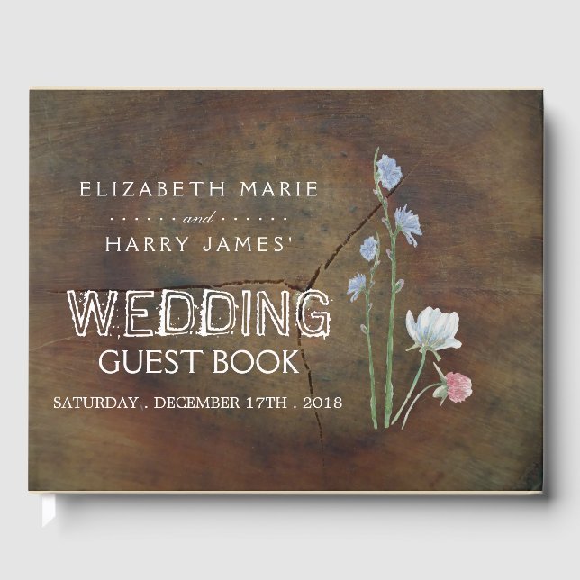 Wildflower Oak Wood Wedding Guest Book (Front)