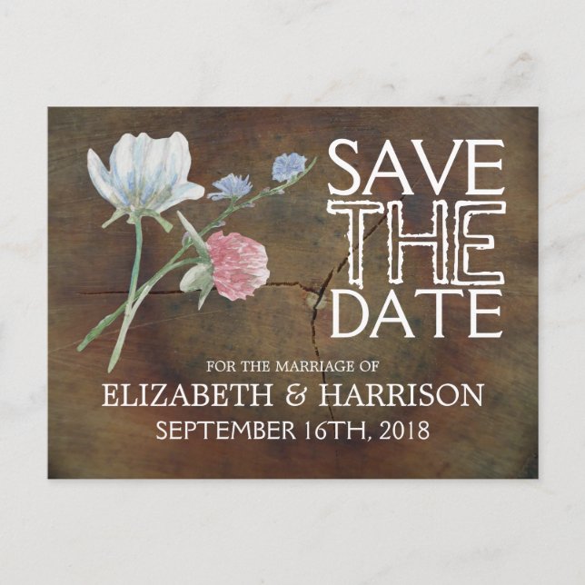 Wildflower Oak Wood Wedding Save The Date Announcement Postcard (Front)