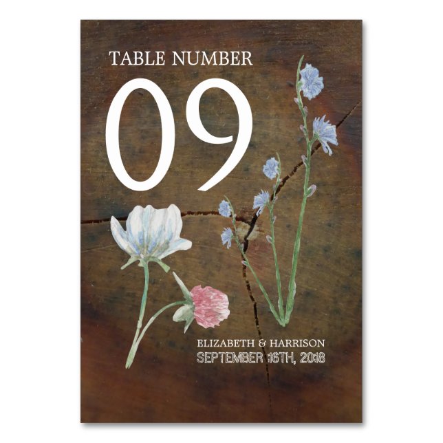 Wildflower Oak Wood Wedding Table No. Number (Front)