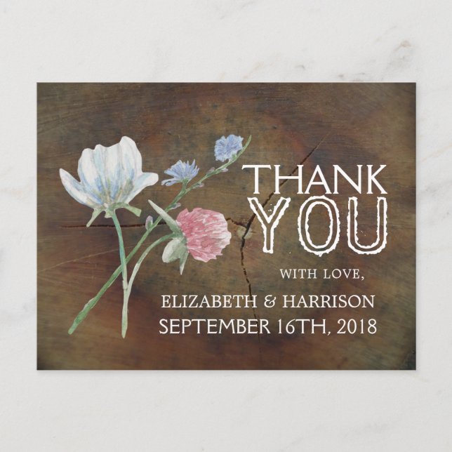 Wildflower Oak Wood Wedding Thank You Postcard (Front)