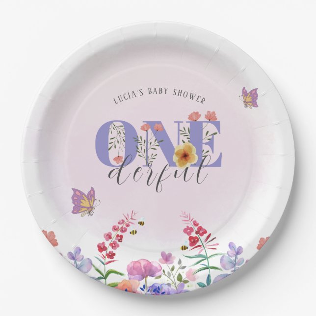 Wildflower Onederful Butterfly 1st Birthday Custom Paper Plate (Front)