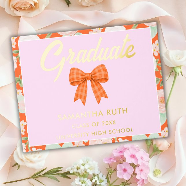 Wildflower Orange Gingham Bow Graduation Party Guest Book (Creator Uploaded)