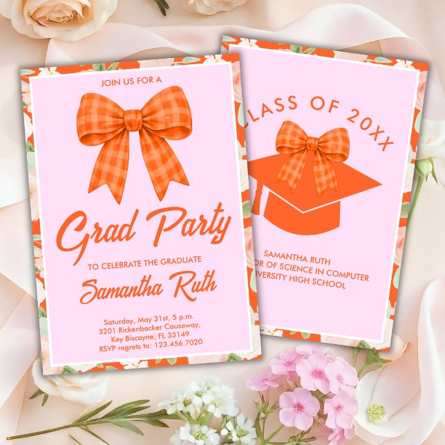 Wildflower Orange Gingham Bow Graduation Party Invitation (Creator Uploaded)