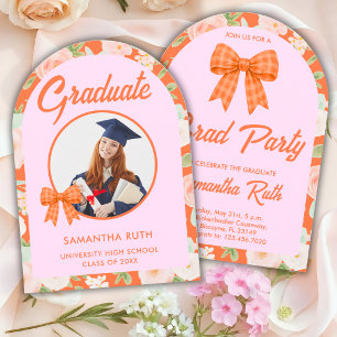 Wildflower Orange Gingham Bow Photo Graduation Invitation
