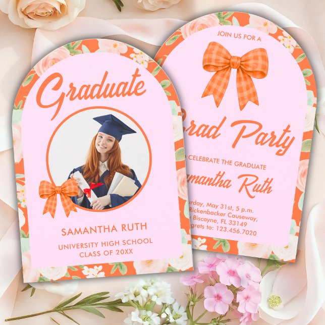 Wildflower Orange Gingham Bow Photo Graduation Invitation (Creator Uploaded)